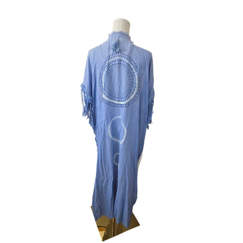 Chaman Edition Evil Eye Kimono Kaftan OS Tie Dyed Beaded Blue White Fringed